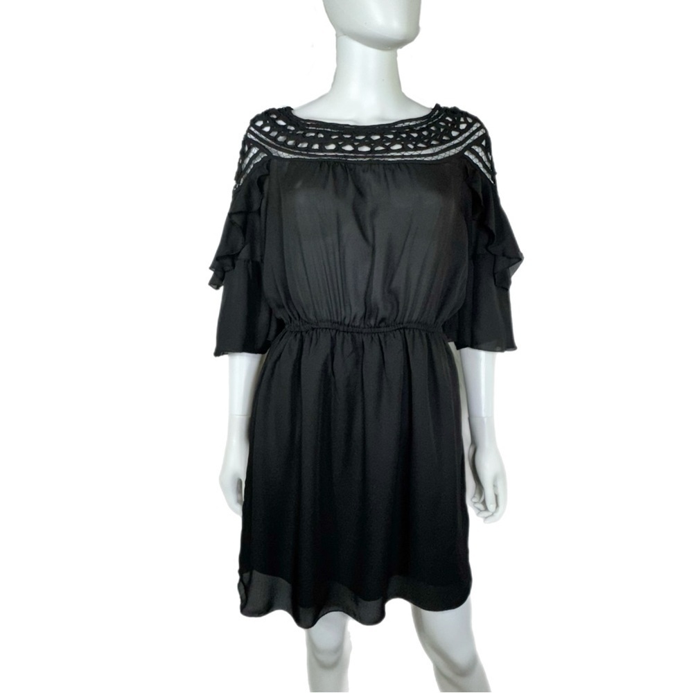Giddy Up Glamour Black Ruffle Sleeve Lace Neckline Dress